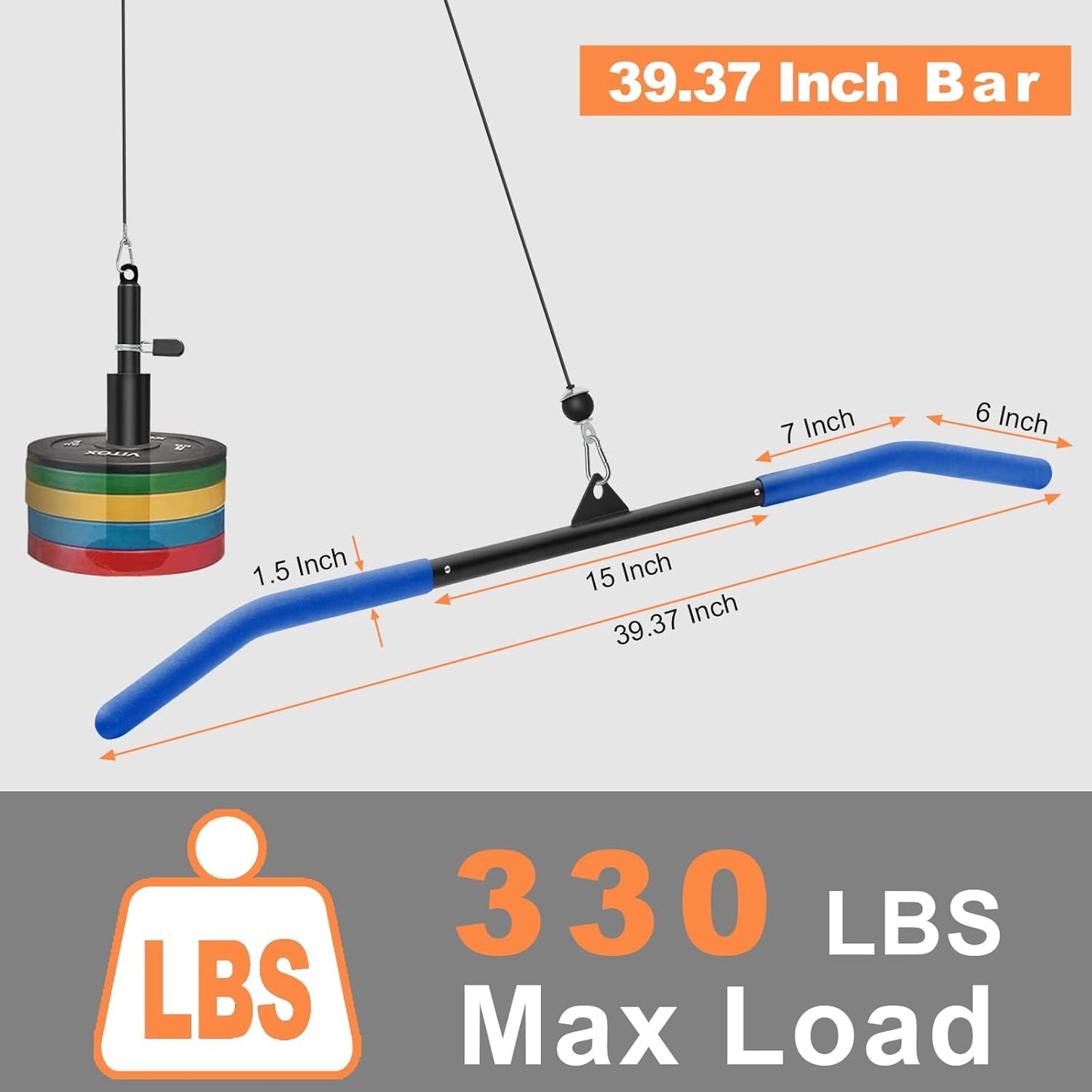 39.37" LAT Pulldown Bar Attachment with Rubber Handle for Cable Machine Tricep C