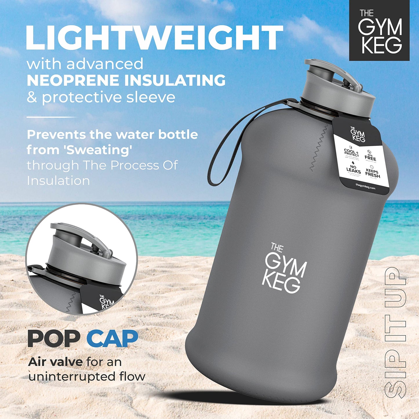 Gym Keg |  Sports Water Bottle 74.4 Fl Oz. (2.2 L) Insulated Half Gallon Carry